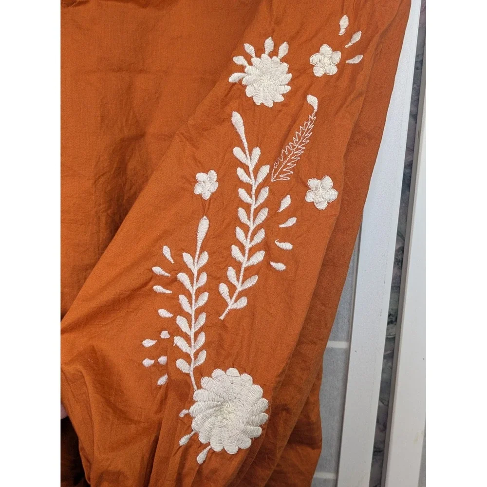Banana Republic Womens Peasant Blouse XL Burnt Orange Cotton Embroidered Floral